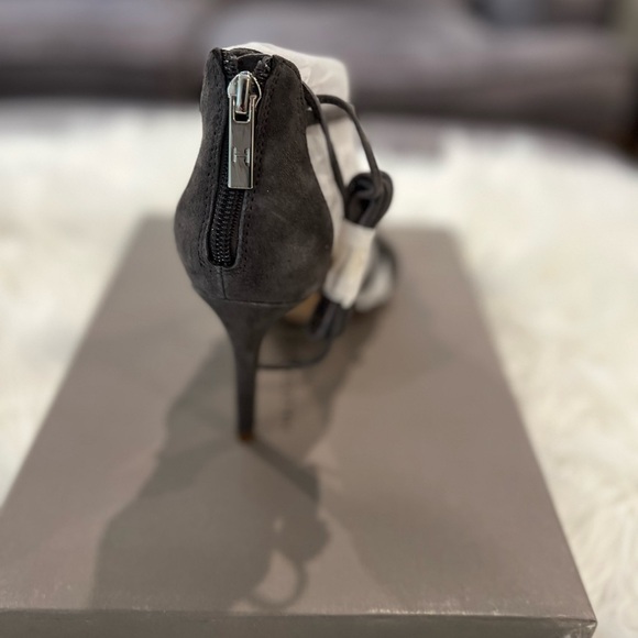 NWT. Halston Heritage Brielle Grey Kid Suede Caged Ankle Tie Stilleto Sandal. - Picture 5 of 8